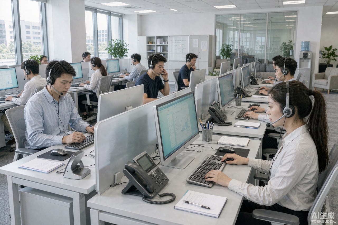 呼叫中心客服人员佩戴耳麦接听来电 呼叫中心客服人员佩戴耳麦接听来电