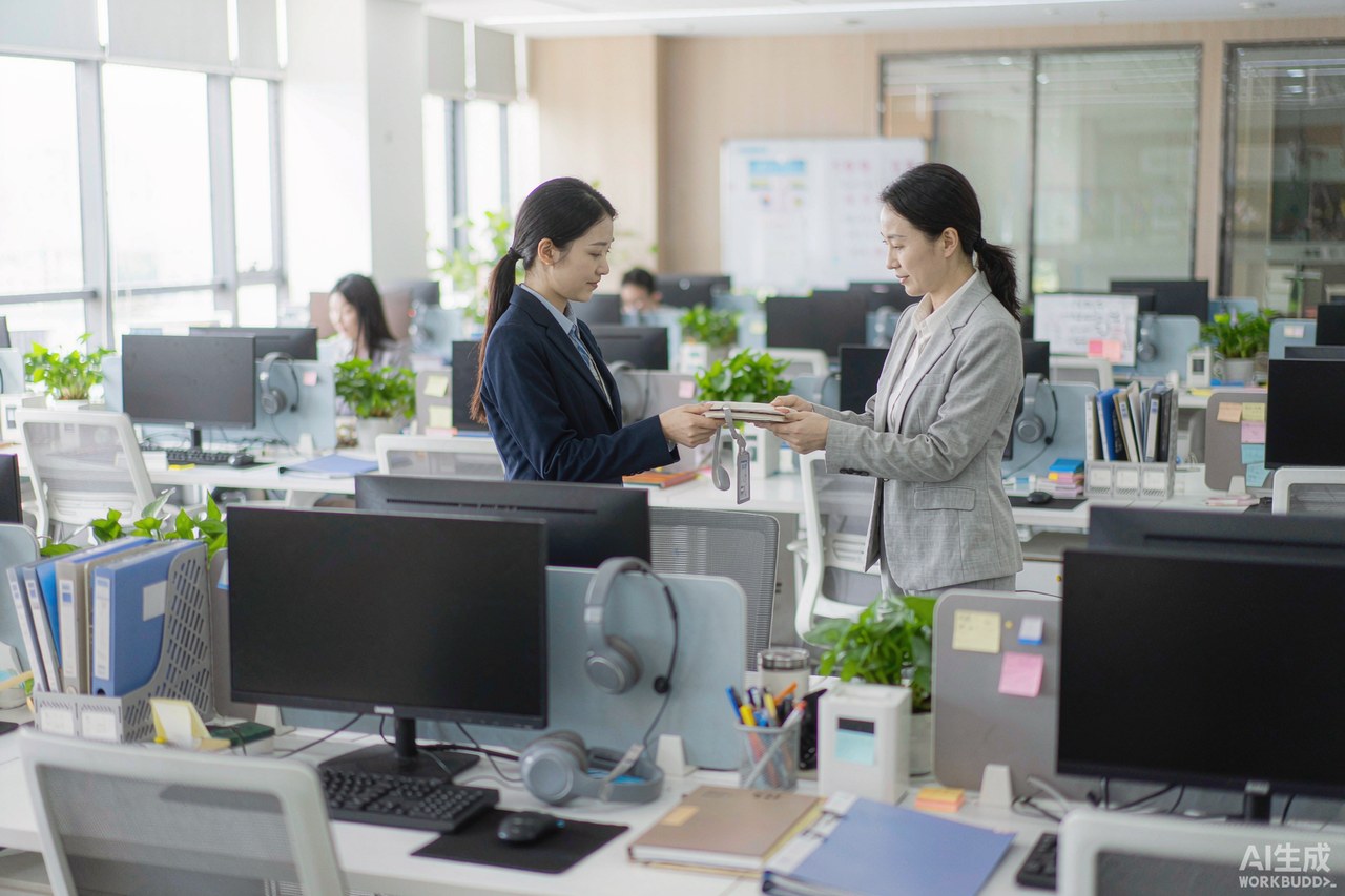 客服主管与坐席在工位旁交接资料 客服主管与坐席在工位旁交接资料